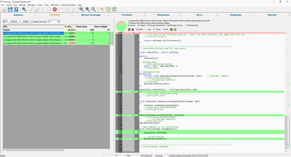 Coverage Validator native example About Box source code coverage