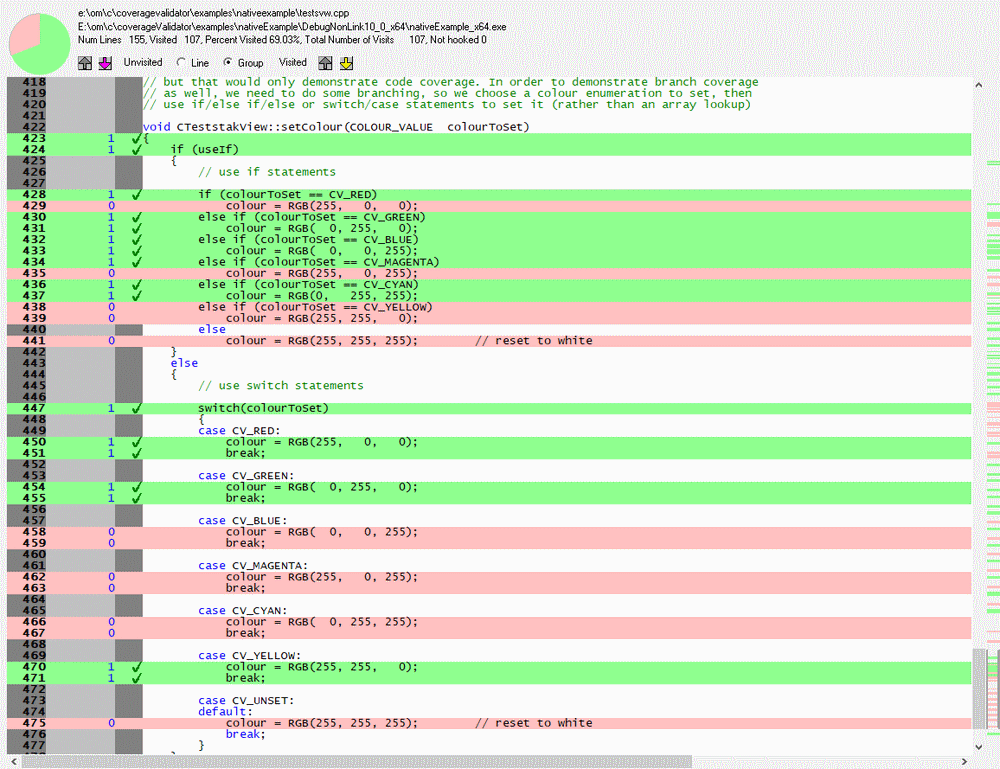 Coverage Validator native example setColour Green Red Yellow