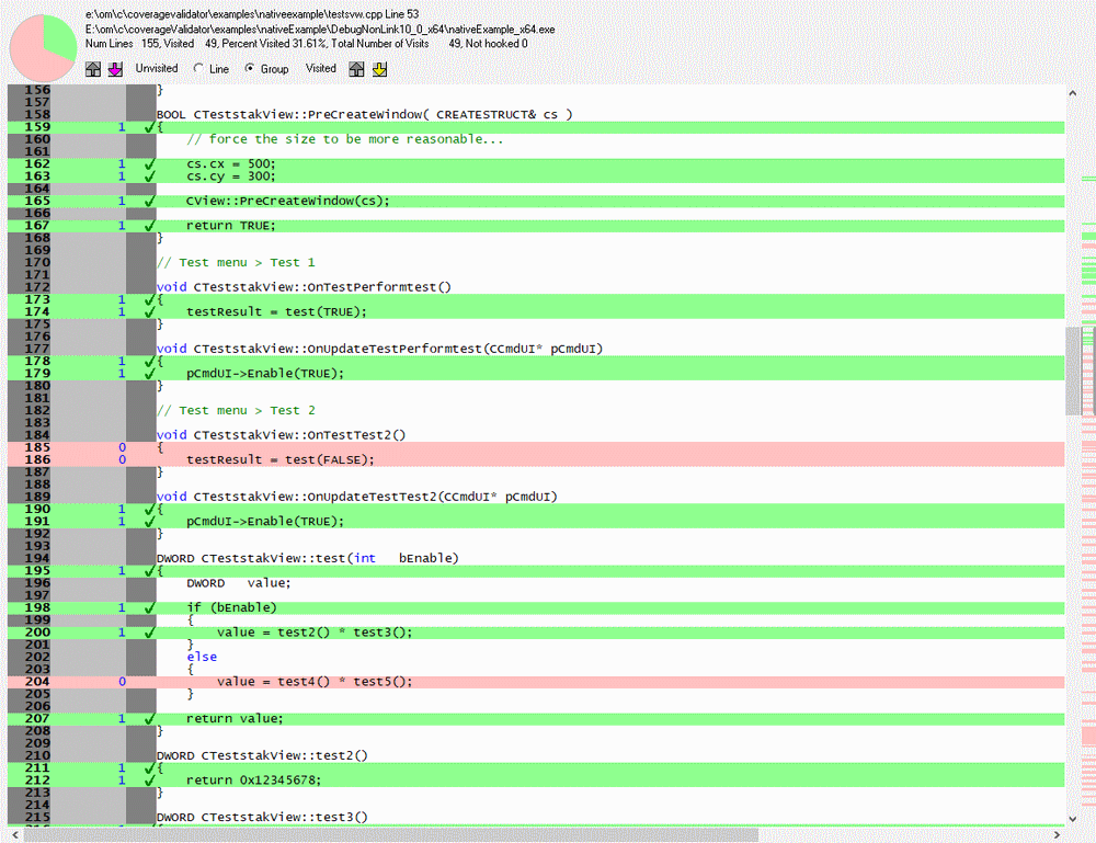 Coverage Validator native example testsvw.cpp Test1