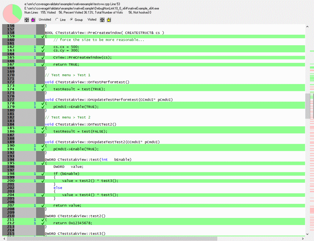 Coverage Validator native example testsvw.cpp Test1 and Test2