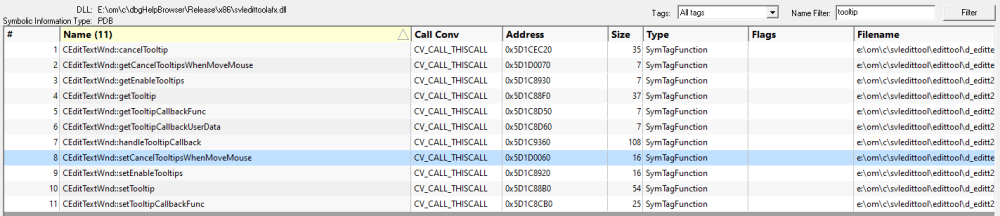 Filtered DbgHelp PDB symbols results