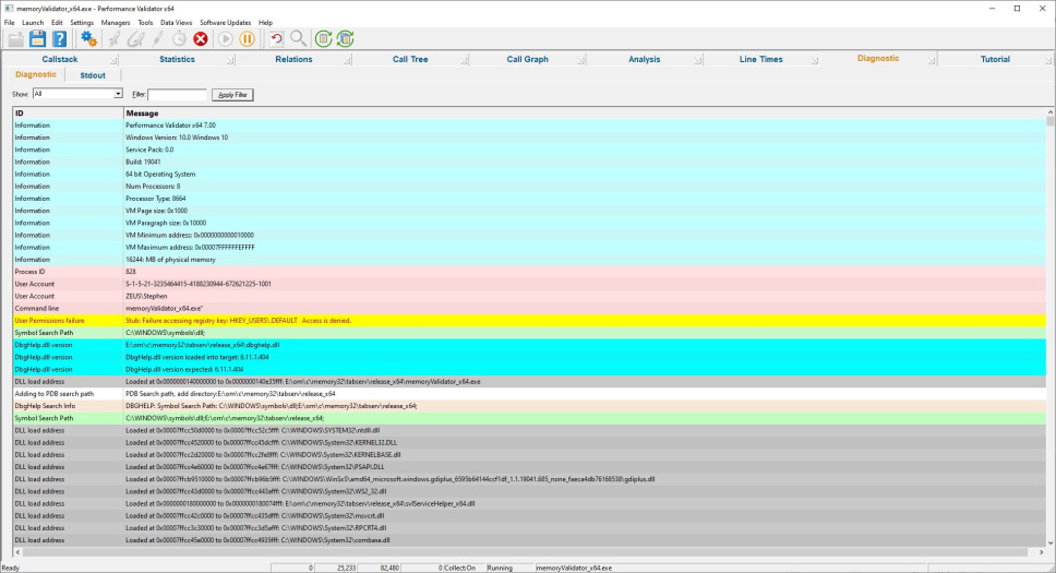 Performance Validator diagnostic information