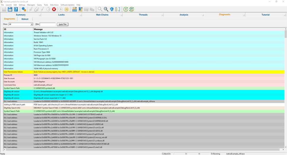 Thread Validator diagnostic information