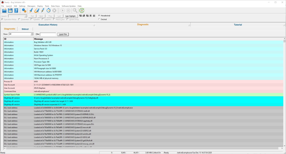 Bug Validator diagnostic display