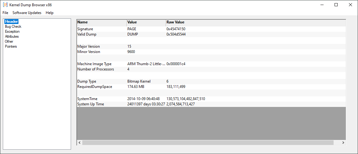 Bluse Screen of Death kernel dump header
