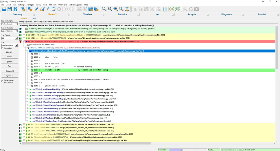 Memory Validator showing memory leaks, callstacks and source code