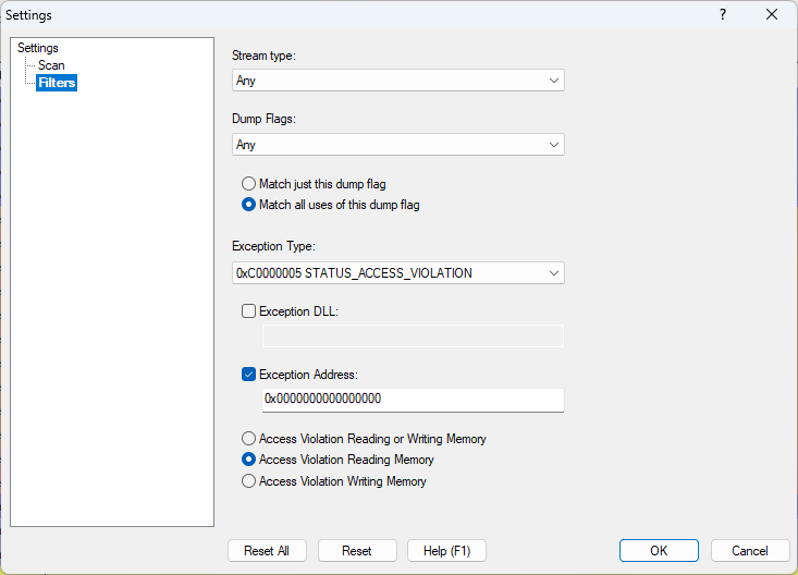Minidump Search Filters