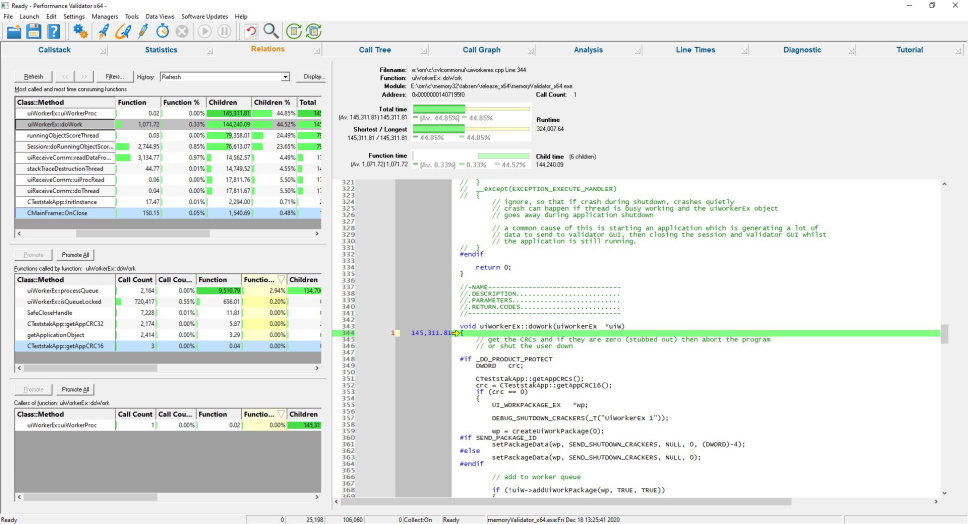 Performance Validator relations view, investigate the relationships between a function, it's caller and it's callees