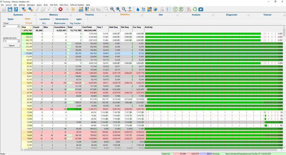 Memory Validator statistics display