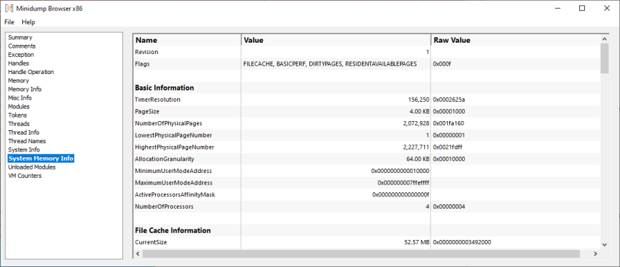 Minidump Browser system memory information