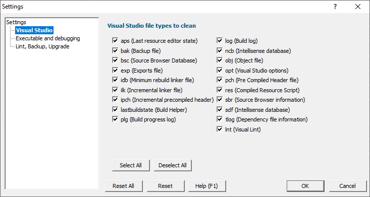 Visual Studio Project Cleaner settings