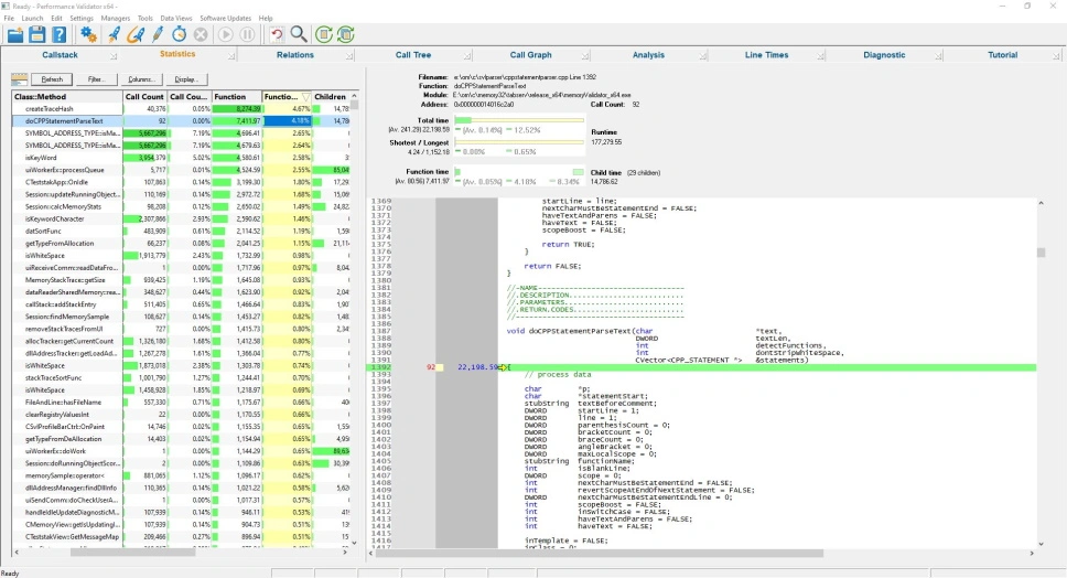 Performance Validator showing some profiling statistics