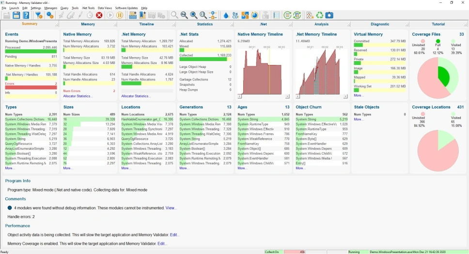 Memory Validator's memory usage and memory leak summary page