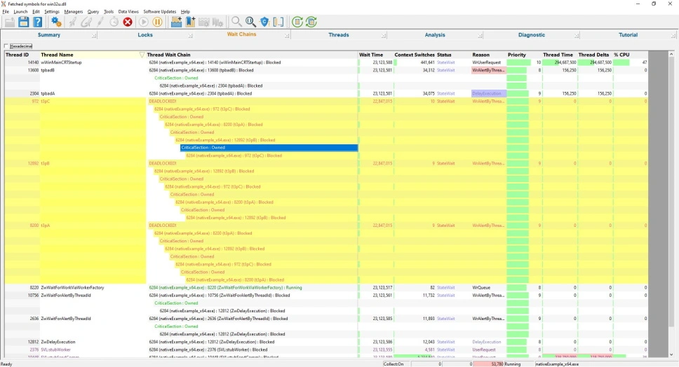 Thread Validator showing a wait chain deadlock