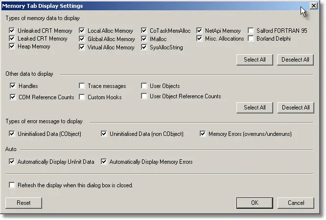 Memory Validator memory display settings
