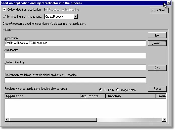 Memory Validator launching a visual basic application