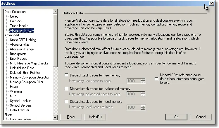 Memory Validator memory allocation history