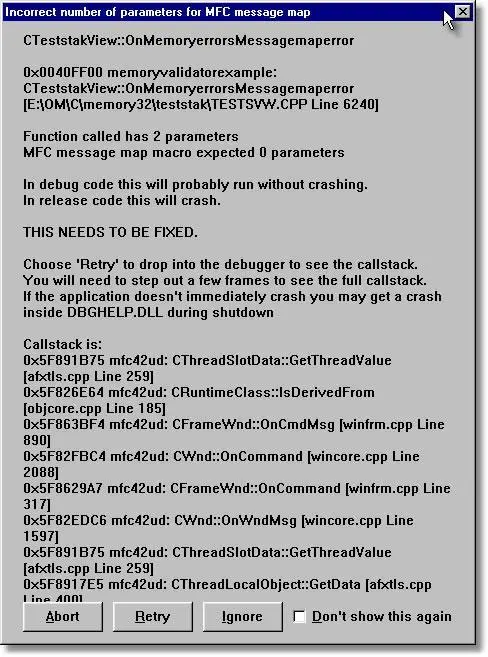 Memory Validator broken message map detected dialog