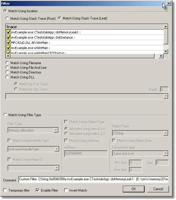 Memory Validator custom filter dialog