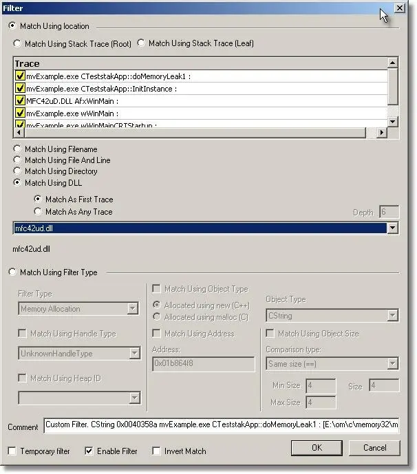 Memory Validator custom filter dialog