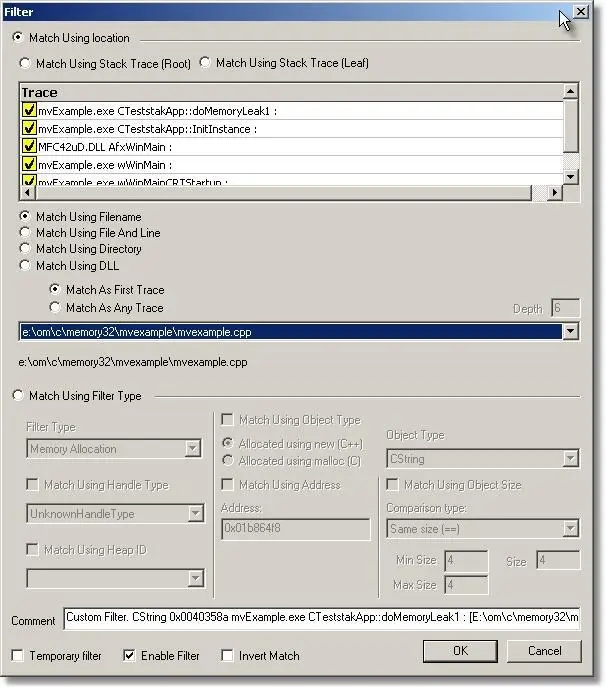 Memory Validator custom filter dialog