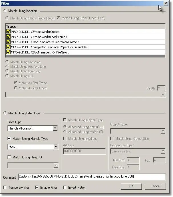 Memory Validator custom handle filter dialog