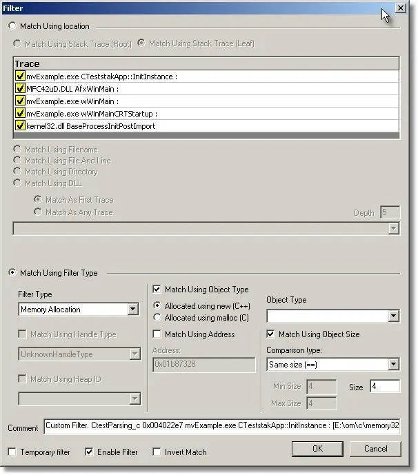 Memory Validator custom size filter dialog
