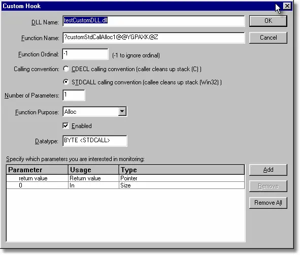 Memory Validator allocation custom hook dialog