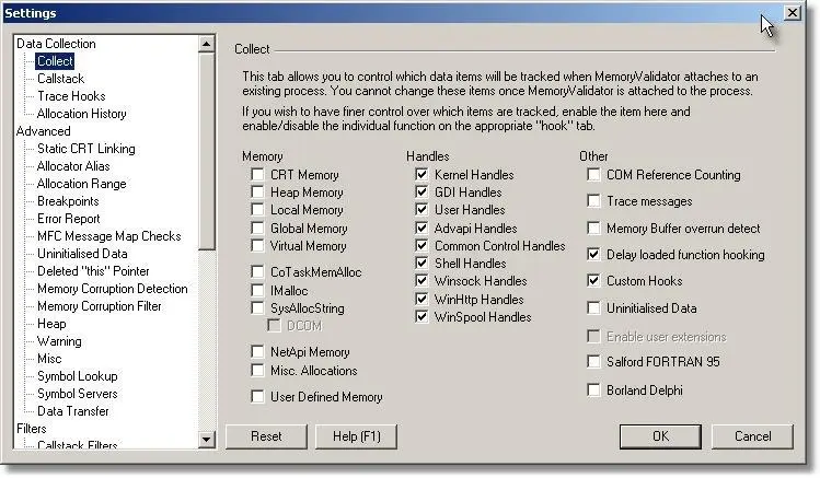 Memory Validator data collection settings