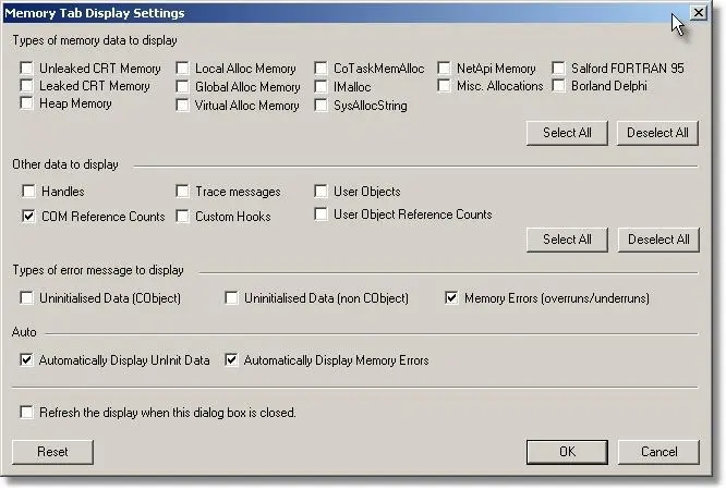 Memory Validator COM data collection settings