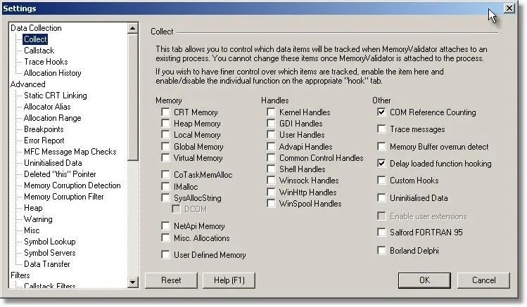 Memory Validator data collection settings