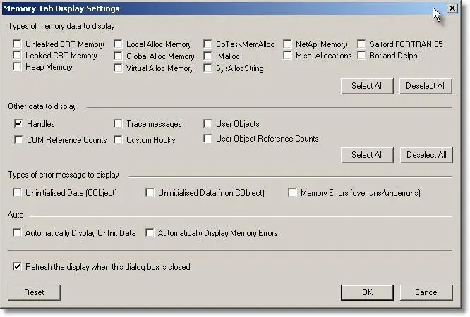 Memory Validator data display settings dialog