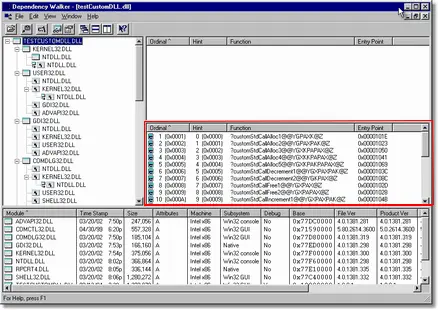 Depends.exe showing export address table