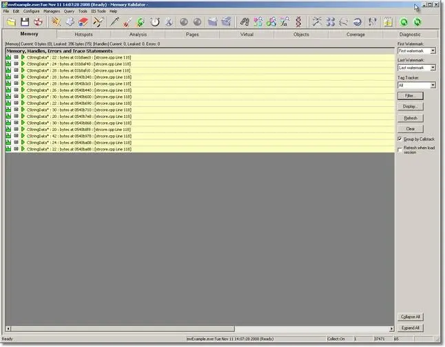 Memory Validator results filtered by filename