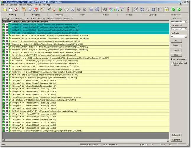 Memory Validator results filtered by object type