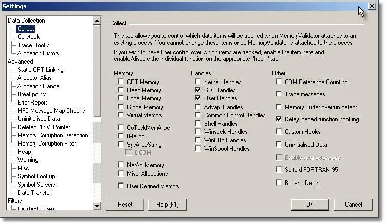 Memory Validator GDI collect settings