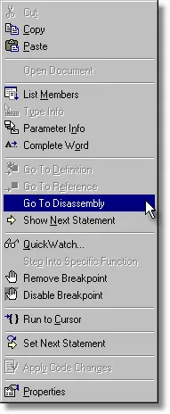 Visual Studio context menu, go to disassembly
