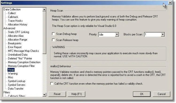 Memory Validator heap scan settings