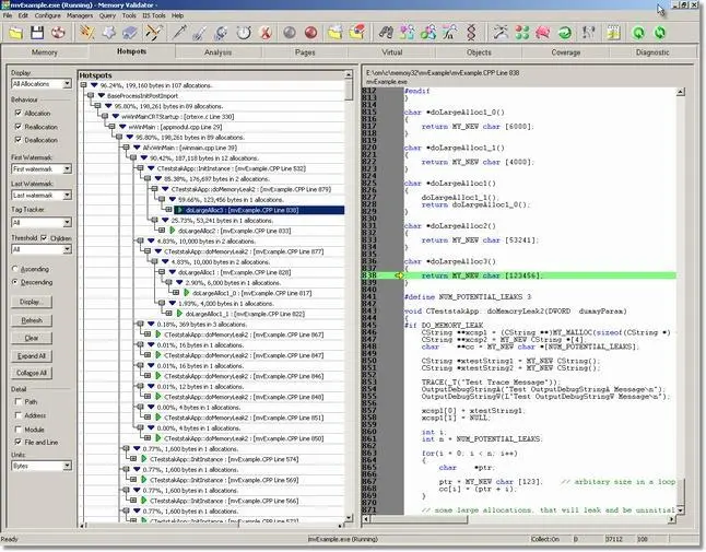 Memory Validator expanded memory allocation hotspot view