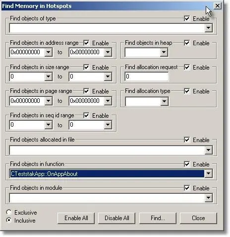 Memory Validator memory allocation search dialog