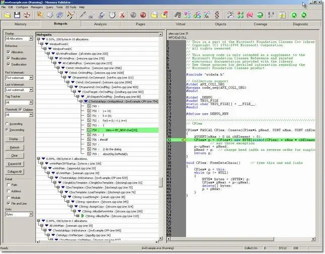 Memory Validator memory allocation hotspot search result
