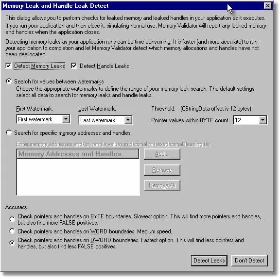 Memory Validator in-place leak detect dialog