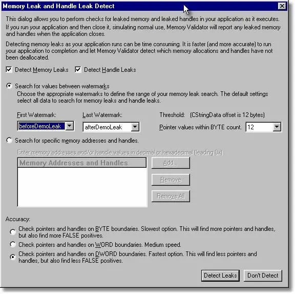 Memory Validator in-place leak detect dialog