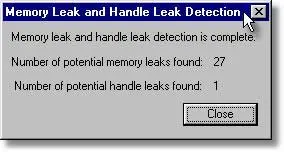 Memory Validator in-place leak detect results statistics dialog
