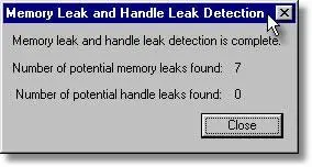 Memory Validator in-place leak detect results statistics dialog