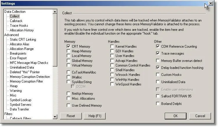 Memory Validator memory corruption data collection settings