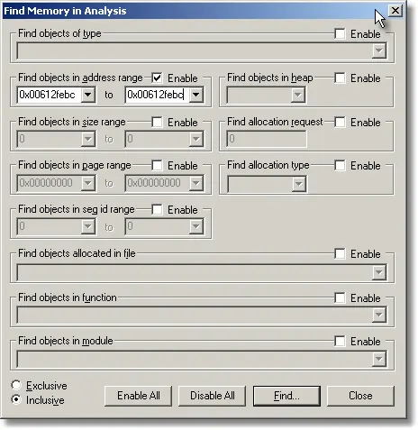 Memory Validator memory analysis search dialog