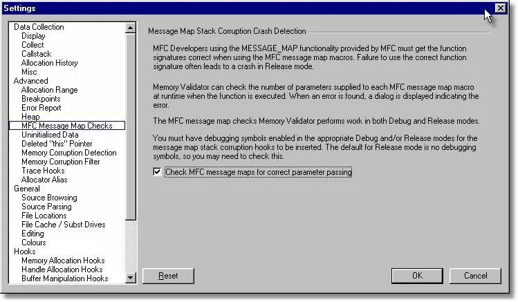 Memory Validator broken message map detection settings