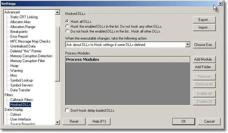 Memory Validator dlls to hook settings