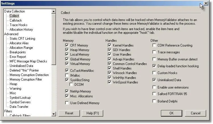 Memory Validator data collection settings